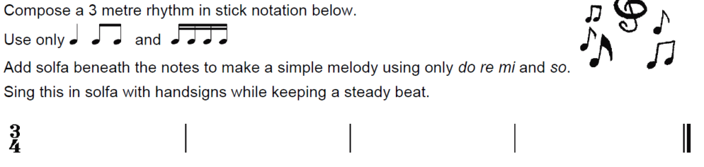 Composition activity with blank staff from page 97 of the Musicianship & Aural Training for the Secondary School Level 1 