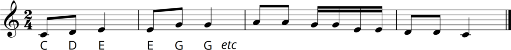 Excerpt of notation in simple time with letter names labelled underneath from page 34 of the Musicianship & Aural Training for the Secondary School Level 1 