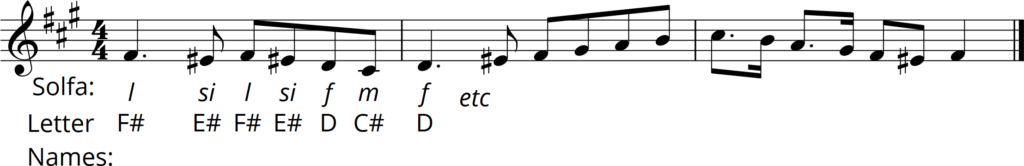 Excerpt of notation in simple time with letter names and solfa labelled underneath from page 115 of the Musicianship & Aural Training for the Secondary School Level 2